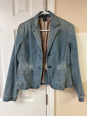 Vtg Gap Stretch Denim Blazer Blue Medium Wash Two Leather Buttons Women’s Size